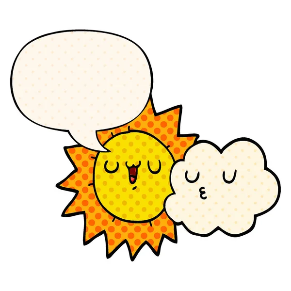 Dibujos animados sol y nube y burbuja de habla en estilo de cómic — Archivo Imágenes Vectoriales