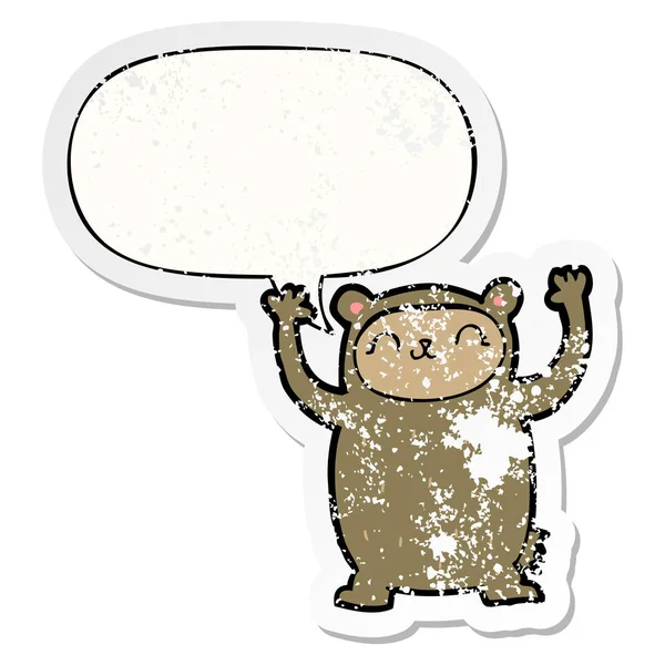 Leuke cartoon Bear en toespraak bubble noodlijdende sticker — Stockvector