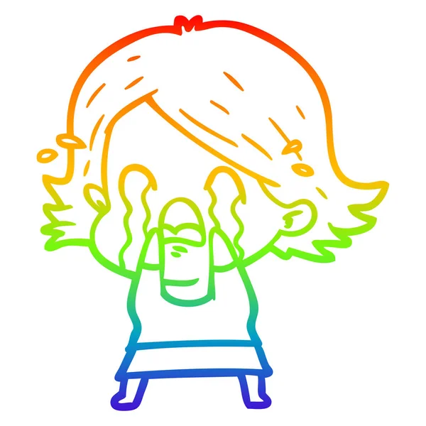 Arco-íris linha gradiente desenho cartoon mulher chorando — Vetor de Stock