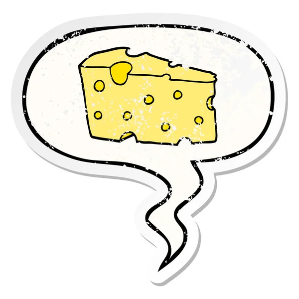 Adesivo cartoni animati formaggio e la bolla vocale angosciato — Vettoriale Stock
