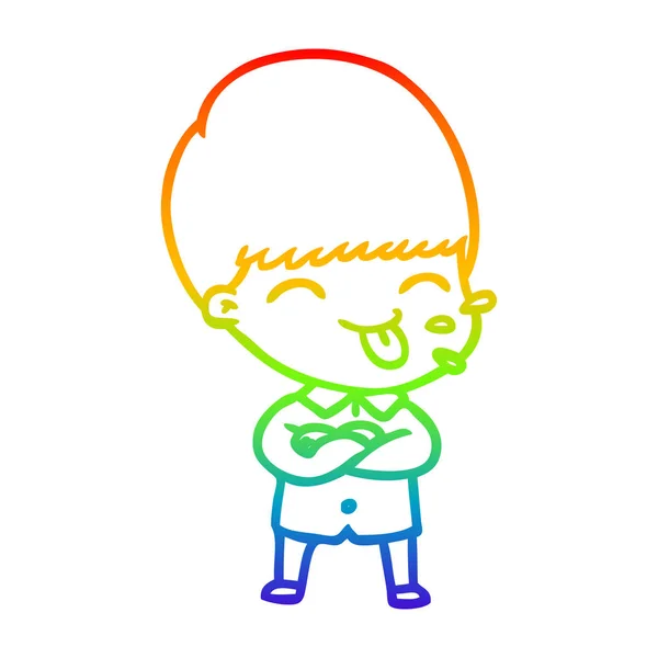 Rainbow gradient line drawing cartoon boy sticking out tongue — Stock Vector
