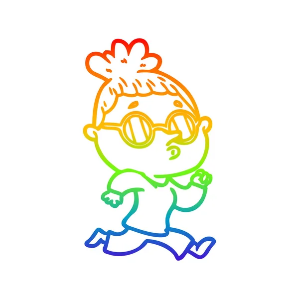 Rainbow gradient line drawing cartoon woman wearing glasses — Stock Vector
