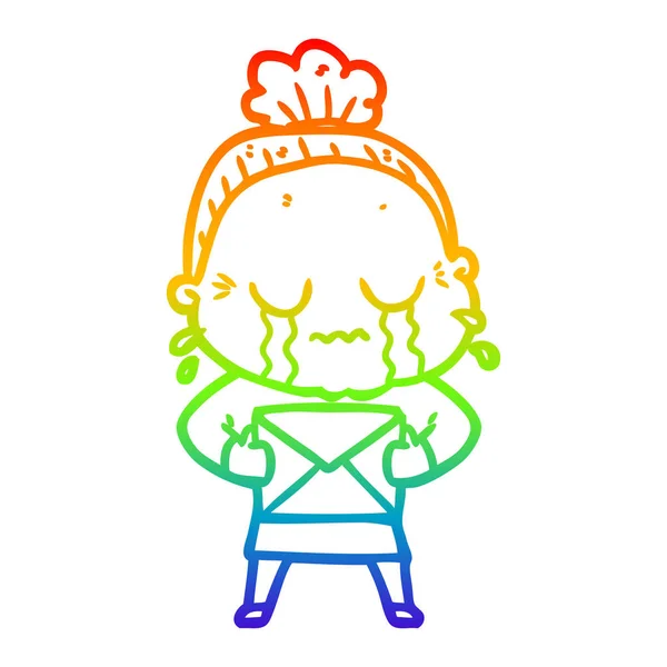 Linea gradiente arcobaleno disegno cartone animato vecchia donna piangendo con lett — Vettoriale Stock