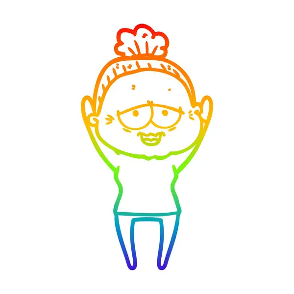 Rainbow gradient line drawing cartoon happy old lady — Stock Vector