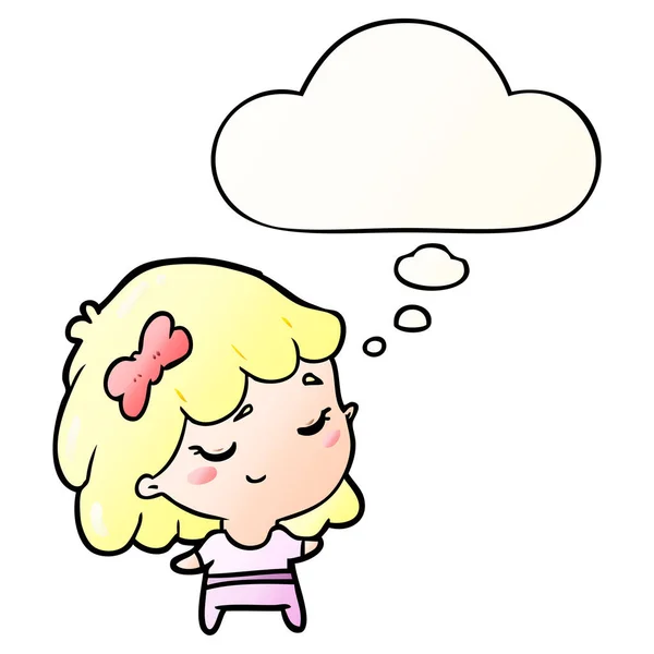 Dibujos animados chica feliz y burbuja de pensamiento en estilo gradiente suave — Vector de stock
