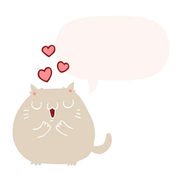 Leuke cartoon kat in liefde en toespraak bubble in retro stijl — Stockvector