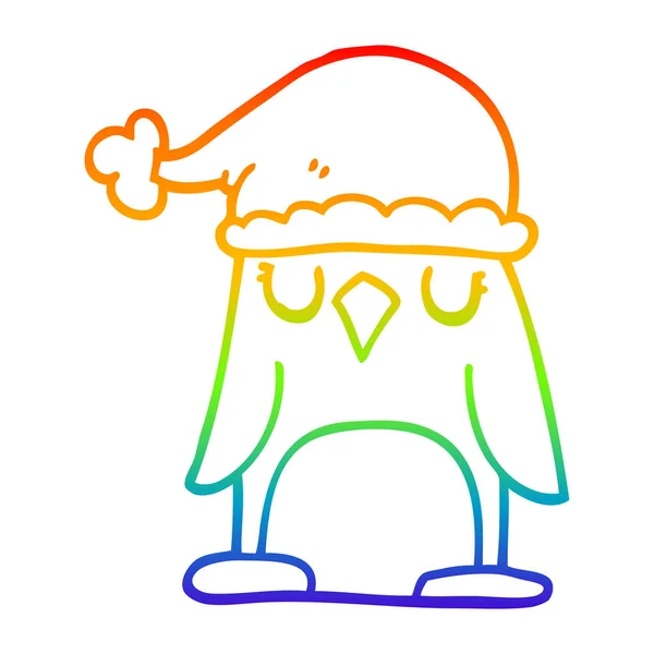 Rainbow gradient line drawing cartoon penguin wearing christmas — Stock Vector
