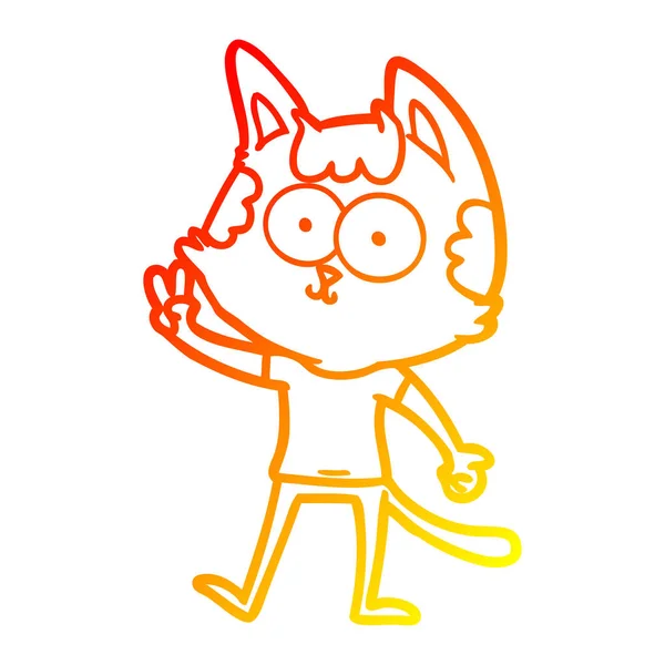 Warme Gradientenlinie Zeichnung glücklich Cartoon Katze gibt Friedenszeichen — Stockvektor