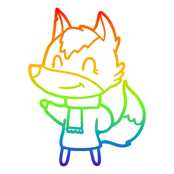 Línea de gradiente arco iris dibujo lobo de dibujos animados amigable en invierno cl — Vector de stock