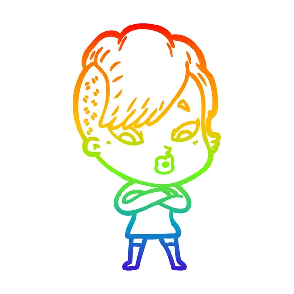 Regenboog gradiënt lijntekening cartoon verrast meisje — Stockvector