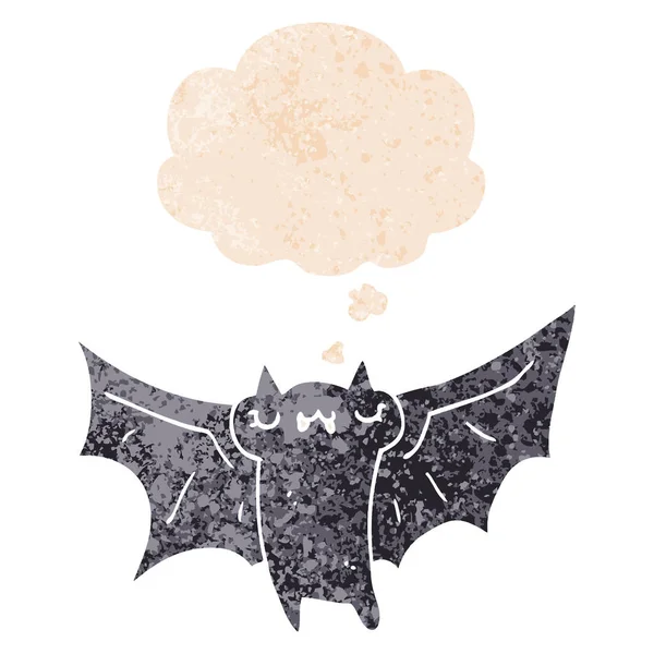 Mignon dessin animé halloween chauve-souris et bulle de pensée dans rétro texturé — Image vectorielle