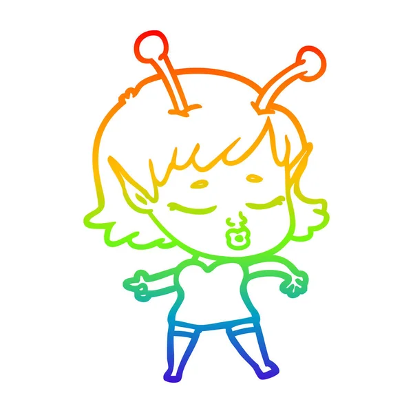 彩虹渐变线绘制卡通外星人女孩 — 图库矢量图片