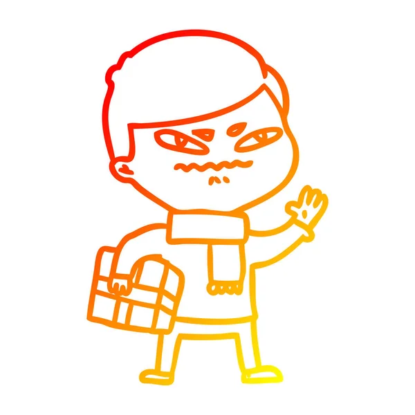 Línea de gradiente caliente dibujo de dibujos animados hombre enojado llevando paquete — Vector de stock