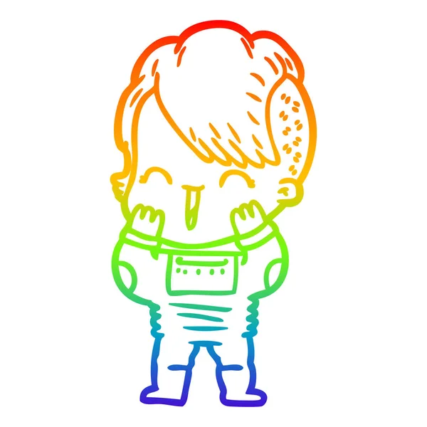 Arco iris gradiente línea dibujo dibujos animados feliz hipster chica usando — Vector de stock