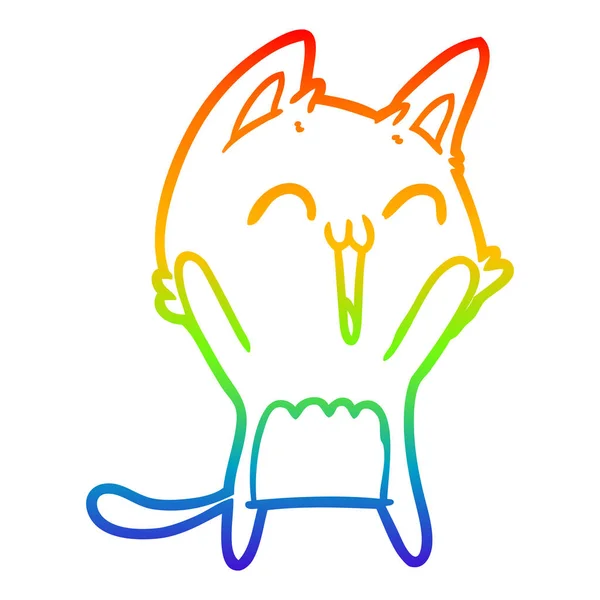 Regenbogengradienten Linie Zeichnung glücklich Cartoon Katze miauen — Stockvektor
