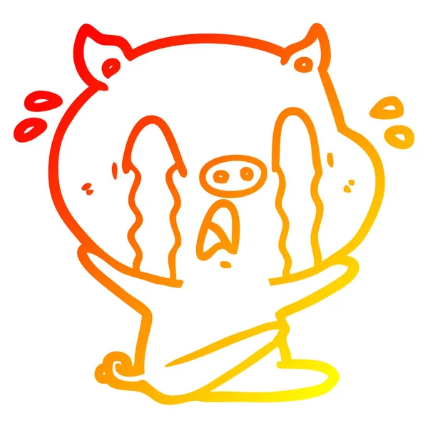 Warm gradient line drawing crying pig cartoon — Stock Vector