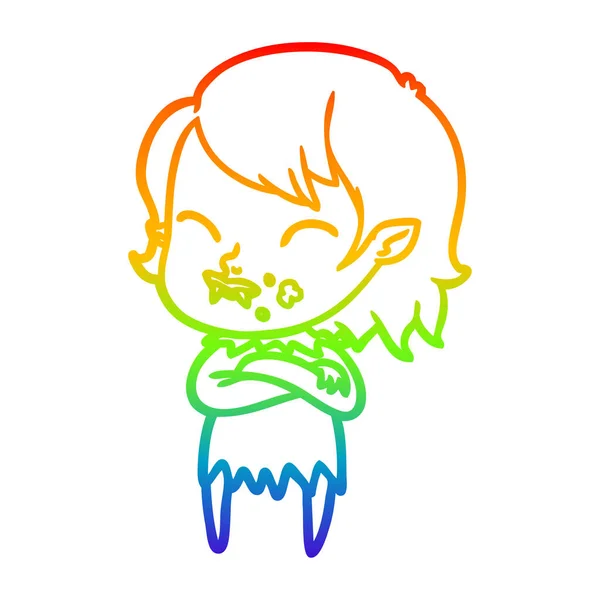 Rainbow gradient ligne dessin dessin animé vampire fille avec du sang sur — Image vectorielle