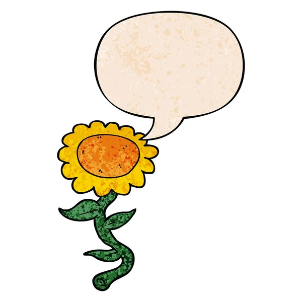 Retro doku tarzında karikatür ayçiçeği ve konuşma balonu — Stok Vektör