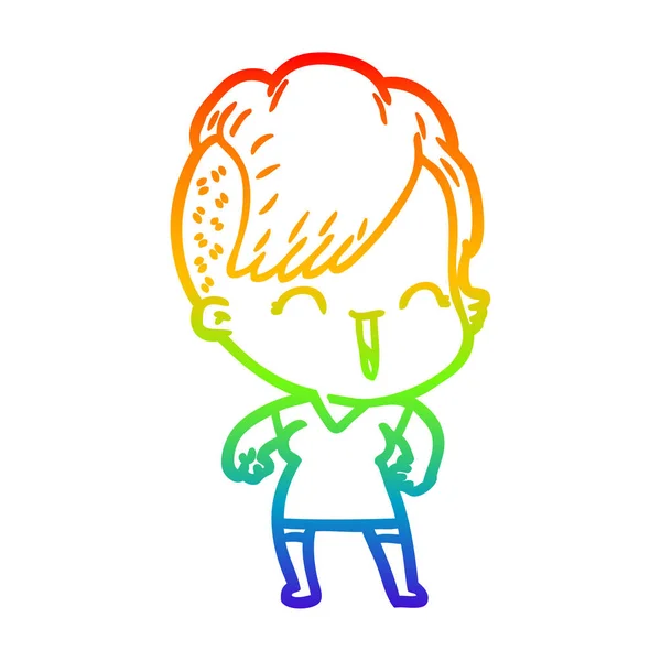 Arco iris gradiente línea dibujo dibujos animados feliz chica hipster — Archivo Imágenes Vectoriales