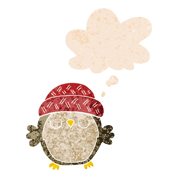 可爱的卡通猫头鹰在帽子和思想泡沫在复古纹理的sty — 图库矢量图片
