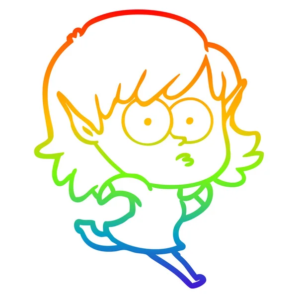 Arco-íris linha gradiente desenho cartoon elfo menina olhando —  Vetores de Stock