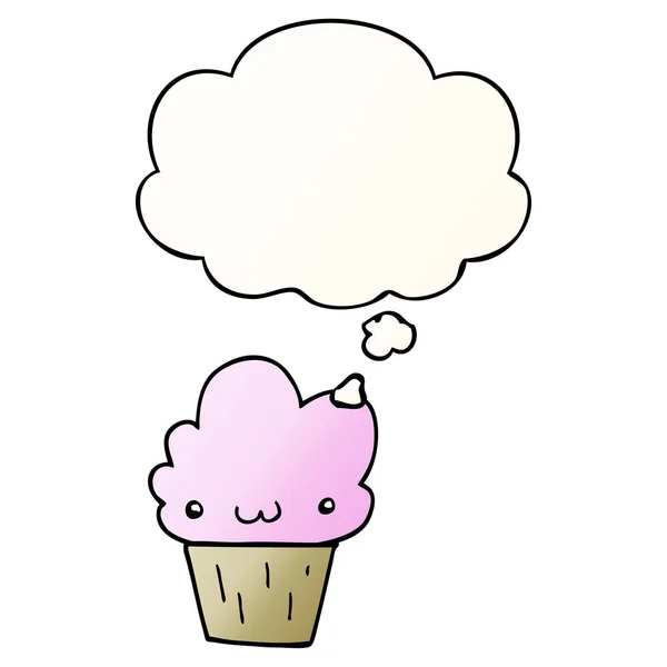 Cupcake dos desenhos animados com rosto e bolha de pensamento em gradiente suave — Vetor de Stock