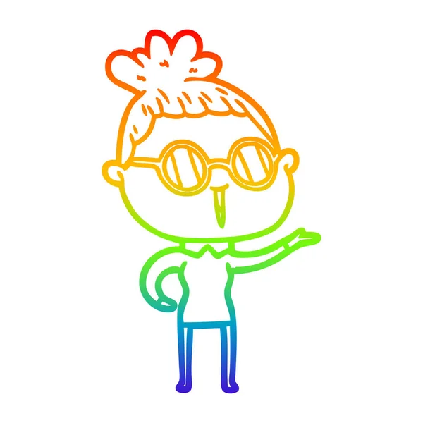 Rainbow gradient ligne dessin dessin animé femme portant des lunettes — Image vectorielle