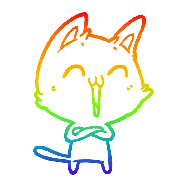 Rainbow gradient line drawing happy cartoon cat meowing — Stock Vector