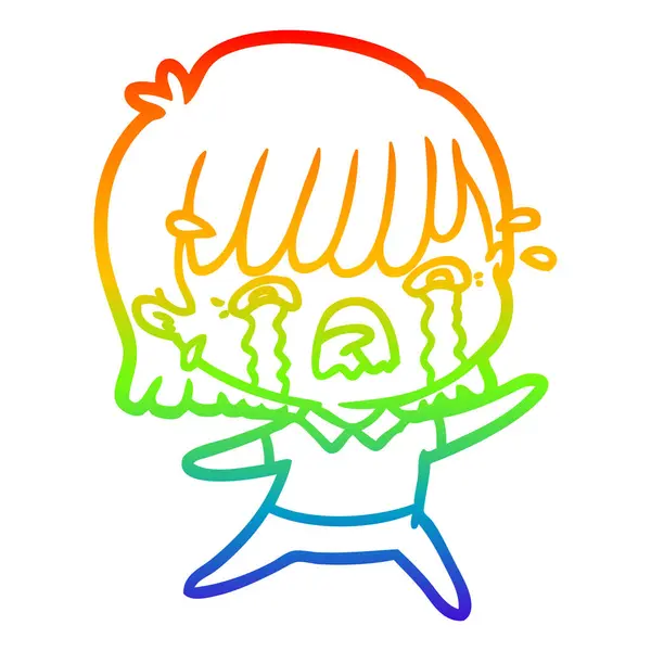Arcobaleno gradiente linea disegno cartone animato ragazza piangendo — Vettoriale Stock
