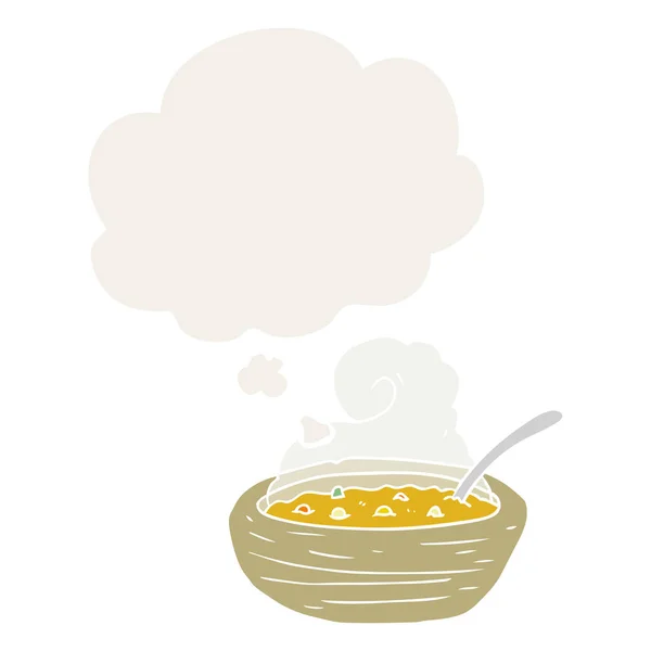 Cartoon-Schüssel mit heißer Suppe und Gedankenblase im Retro-Stil — Stockvektor