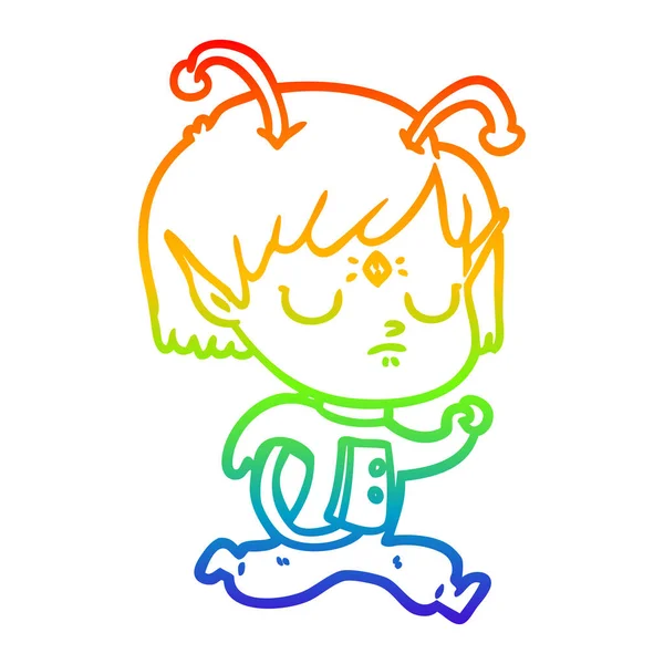 Rainbow gradient linje ritning tecknad Alien Girl — Stock vektor