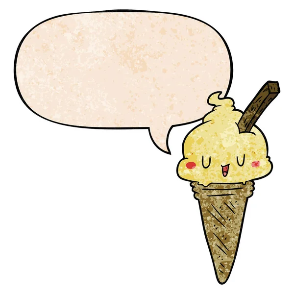 Lindo helado de dibujos animados y burbuja del habla en estilo de textura retro — Archivo Imágenes Vectoriales