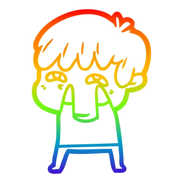 Regenboog gradiënt lijntekening cartoon nieuwsgierige man — Stockvector