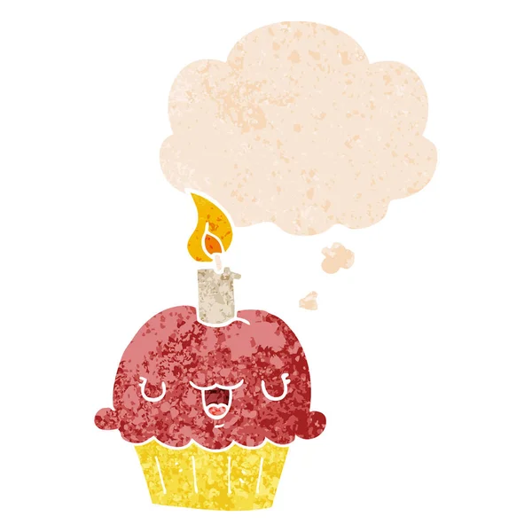 Cupcake dessin animé et bulle de pensée dans un style texturé rétro — Image vectorielle