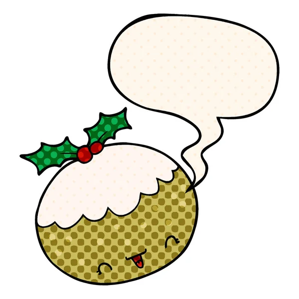 Mignon dessin animé pudding de Noël et bulle de la parole dans la bande dessinée s — Image vectorielle