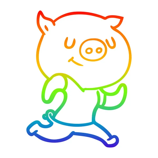 Arco iris gradiente línea dibujo feliz dibujos animados cerdo corriendo — Archivo Imágenes Vectoriales