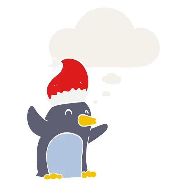 Lindo pingüino de Navidad de dibujos animados y burbuja de pensamiento en estilo retro — Archivo Imágenes Vectoriales