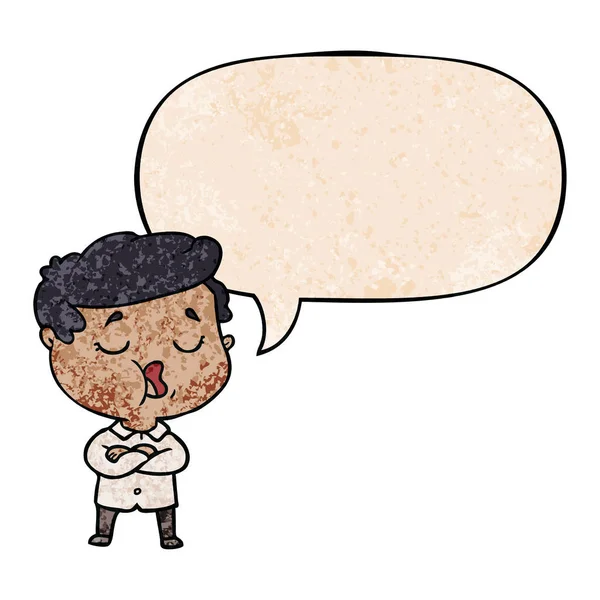 Hombre de dibujos animados hablando y burbuja del habla en estilo de textura retro — Vector de stock