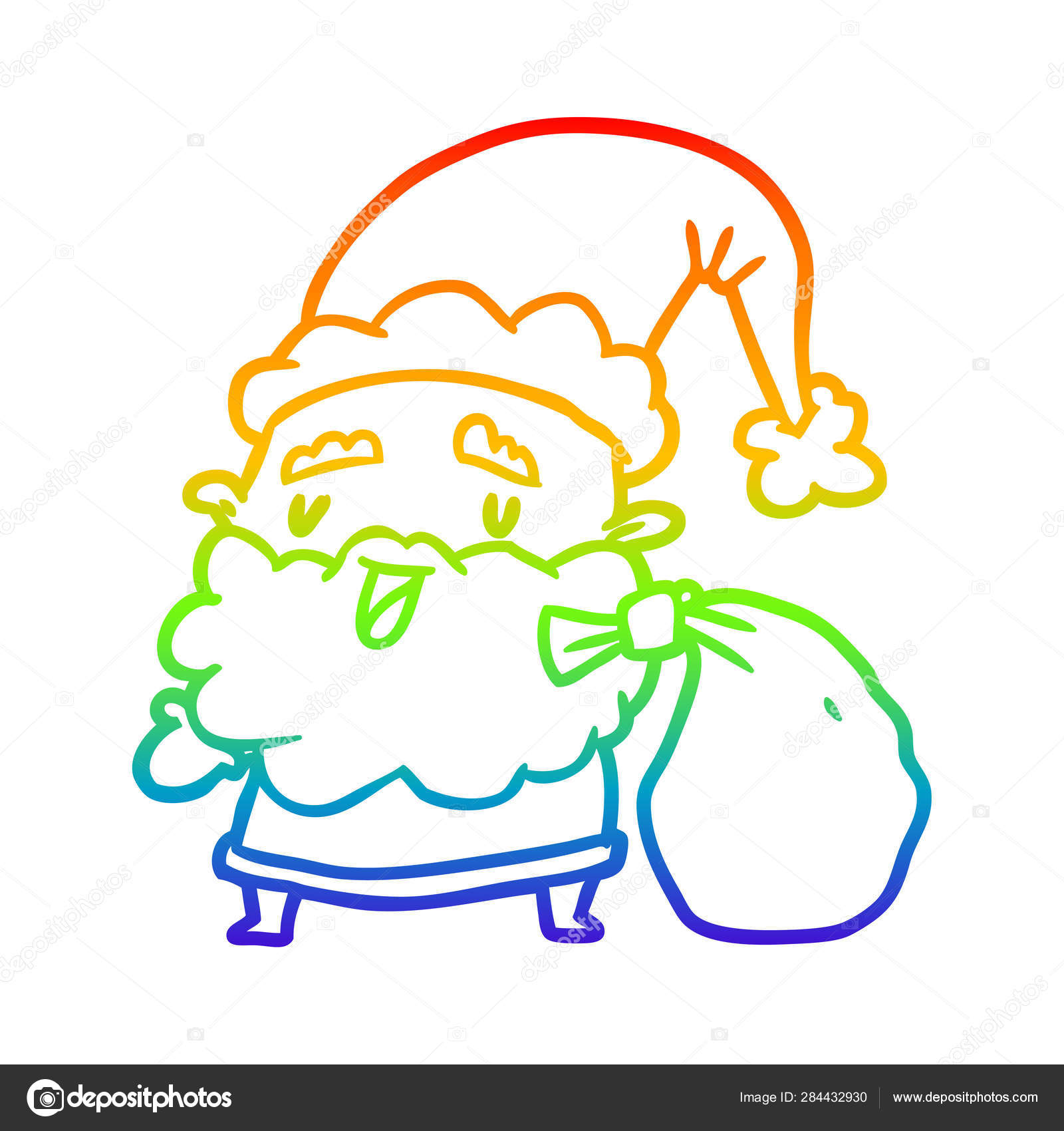 Rainbow Gradient Line Drawing Santa Claus Carrying Sack Of