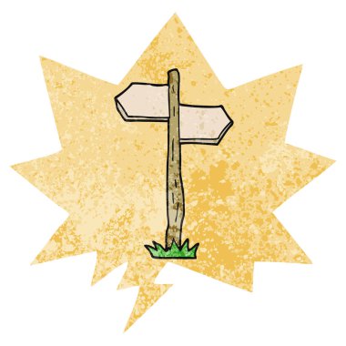 retro dokulu s karikatür eski yön işareti ve konuşma balonu