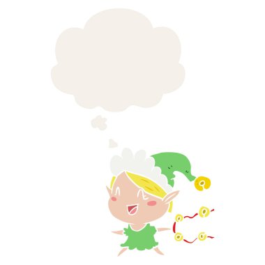 karikatür mutlu noel elf ve retro tarzında kabarcık düşünce