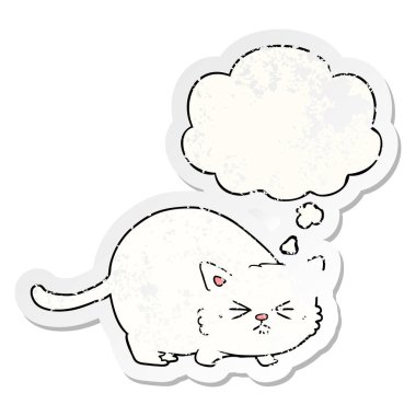 karikatür kızgın kedi ve sıkıntılı yıpranmış sticke olarak kabarcık düşündüm