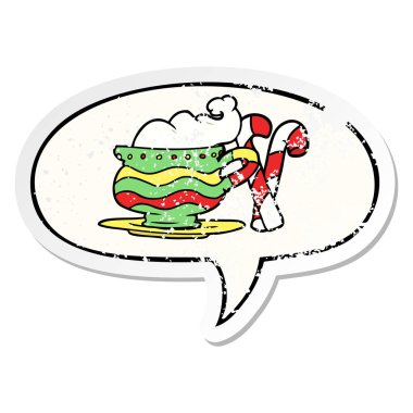 karikatür noel kakao ve şeker kamışı ve konuşma kabarcık distre