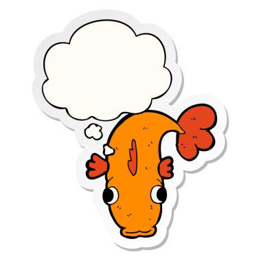 karikatür balık ve baskılı bir etiket olarak kabarcık düşünce