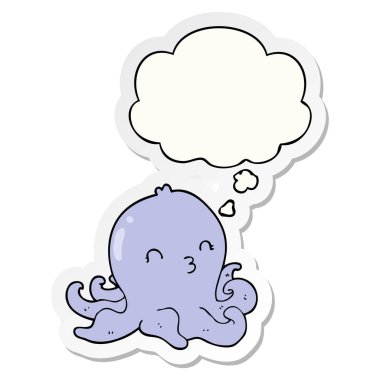 karikatür ahtapot ve baskılı bir etiket olarak kabarcık düşünce