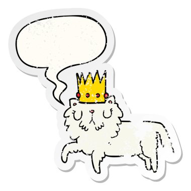 taç ve konuşma balonu sıkıntılı etiket giyen karikatür kedi