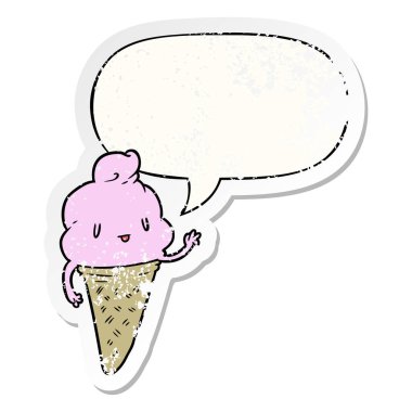 sevimli karikatür dondurma ve konuşma balonu sıkıntılı etiket