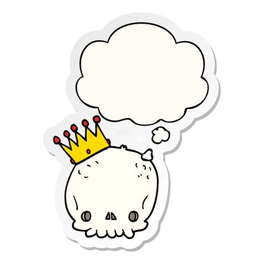 basılı bir etiket olarak taç ve düşünce balonu ile karikatür kafatası