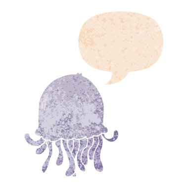 retro dokulu tarzda karikatür denizanası ve konuşma balonu