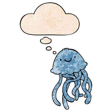 karikatür mutlu denizanası ve grunge doku pat düşünce balonu